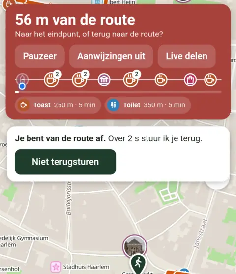 Je bent van de route af. Over 2 s stuur ik je terug, met de knop Niet terugsturen