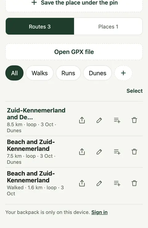 The backpack with routes and lists