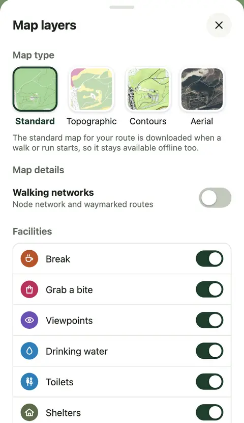 Map layers, Facilities: a switch for each kind of stop