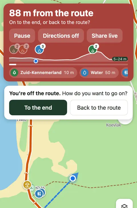 88 m from the route: choose to the end or back to the route