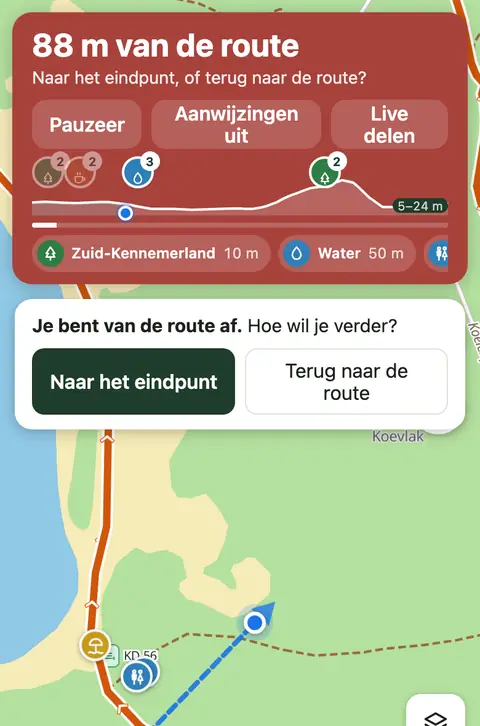 88 m van de route: kies naar het eindpunt of terug naar de route