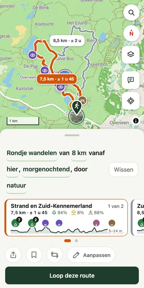 Twee rondjes door de Kennemerduinen op de kaart, met het kaartje van het eerste