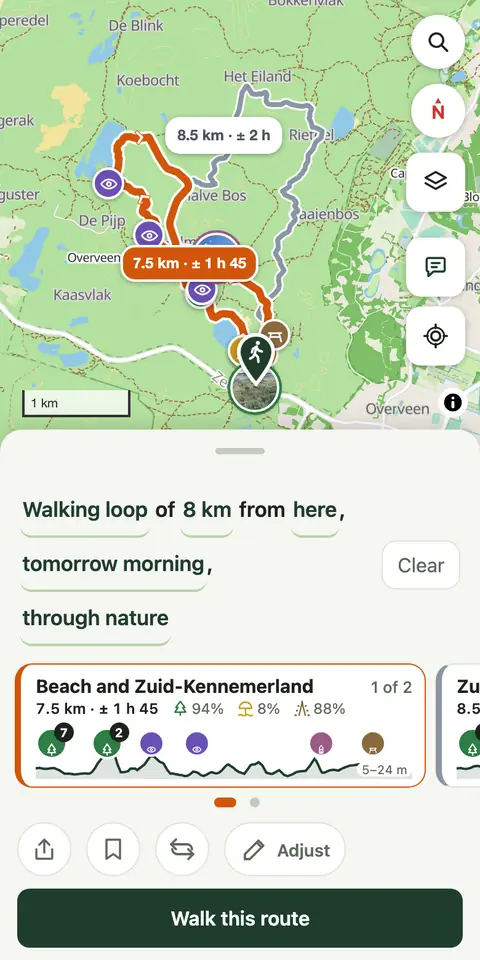 Two loops through the Kennemerduinen on the map, with the card of the first
