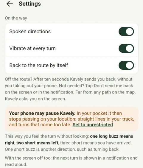 Settings, On the way: Spoken directions, Vibrate at every turn and Back to the route by itself