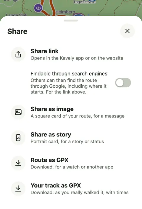 The Share sheet: link, image, story and GPX