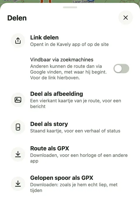 Het blad Delen: link, afbeelding, story en GPX