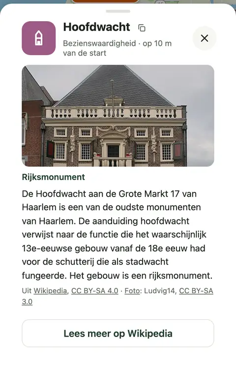 Een stop: de Hoofdwacht in Haarlem, met foto en tekst uit Wikipedia