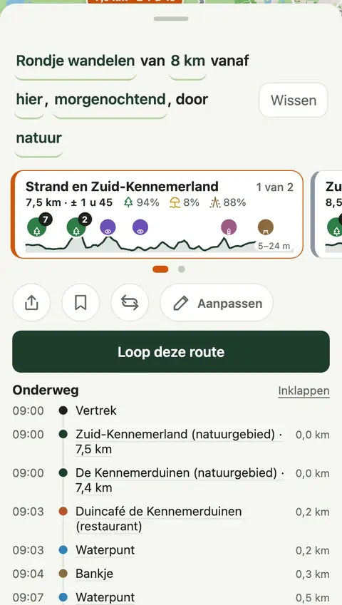 De tijdlijn Onderweg met tijden en stops