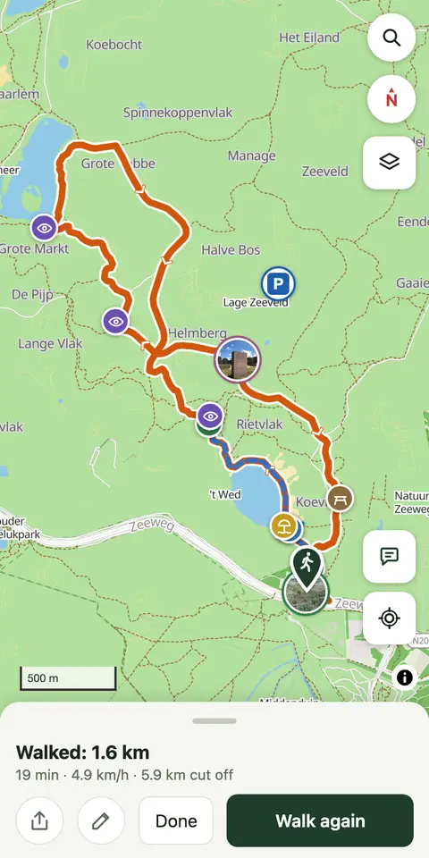 A walked route: the track over the route, with distance, time and pace