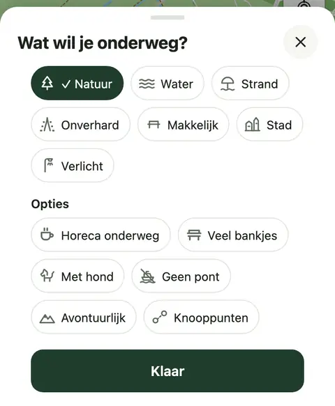 Het blad Wat wil je onderweg?, met de wensen en opties